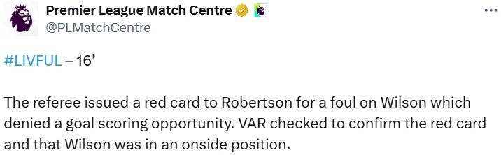 皇冠皇冠平台_英超官方解释罗伯逊红牌:破坏对方进球机会 VAR确认威尔逊不越位